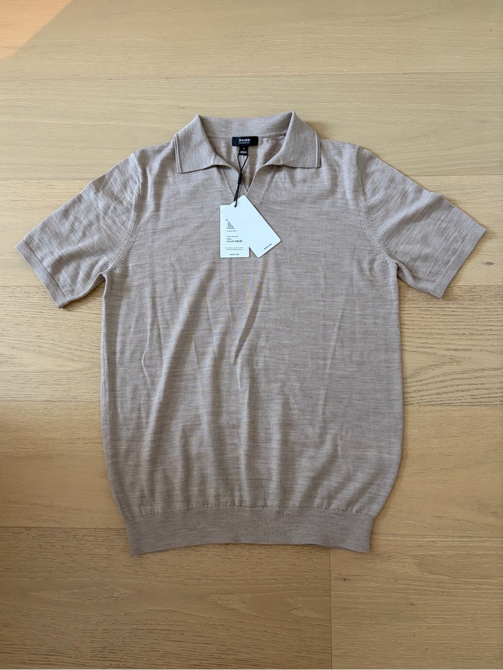 New Reiss Beige merino wool Knit Polo Shirt - Men's Short Sleeve
